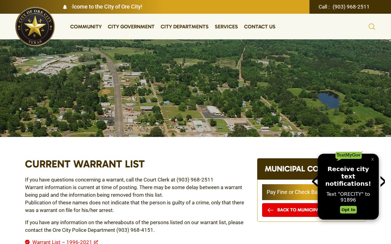 Marion County warrant records: Ore City current-list update-delay and no-guilt notice