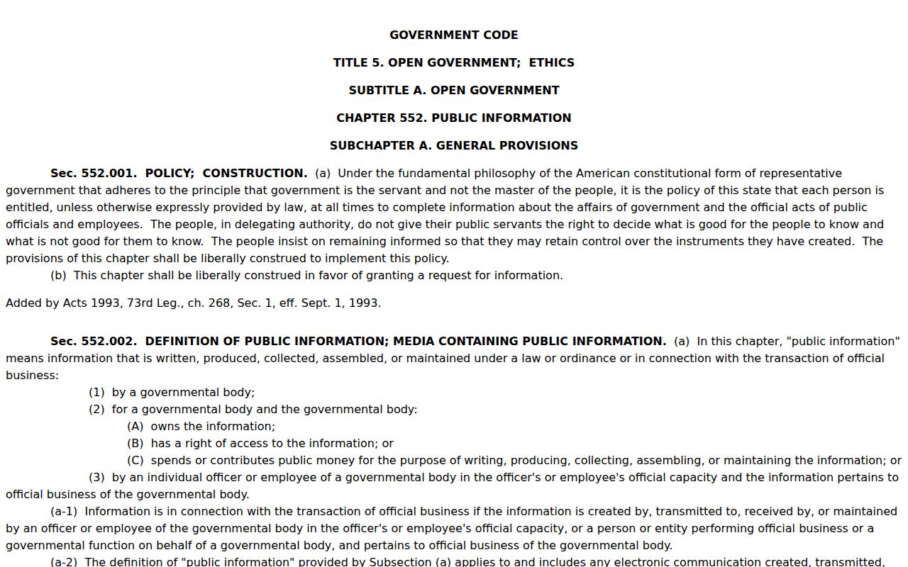 Marion County warrant records: Texas Government Code Chapter 552 access headings