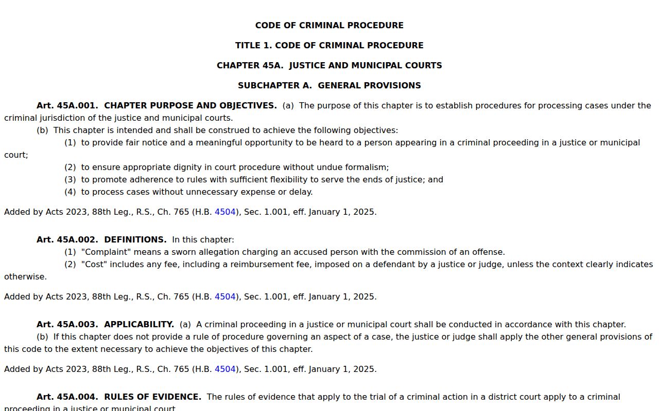 Marion County traffic warrant records: Chapter 45A municipal-court procedure headings