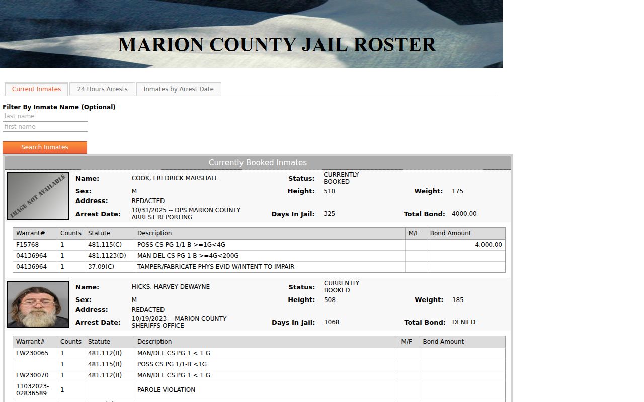 Marion County warrant search: blank current-inmate roster tabs and filter control